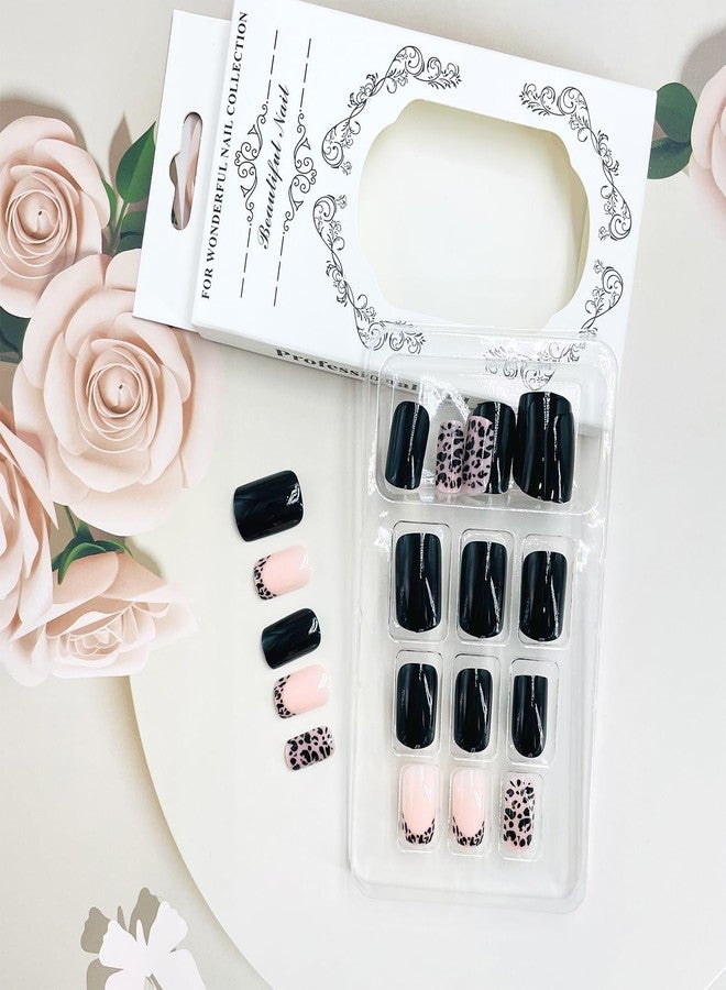 Vopintpy Leopard Print Press on Nails French Tip False Nails Black Solid Color Artificial Nails Short Square Full Cover Fake Nails Glossy Acrylic Stick on Nails for Women - Image 4